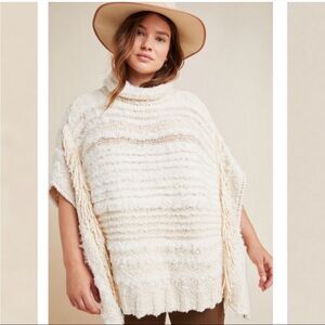 Anthropologie Cream Turtle Neck Poncho Knit Textured Fringe Top